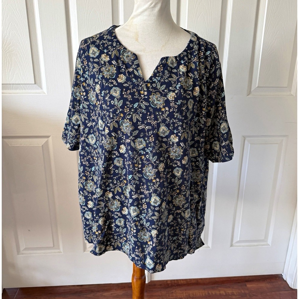 Croft & Barrow Womens 2X Blue Floral V-Neck Short Sleeve Pullover Cotton Blouse